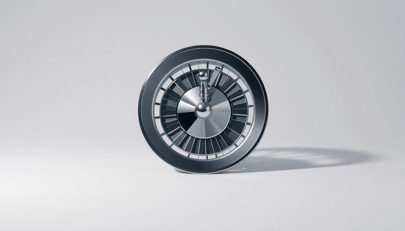 A minimalist, photorealistic studio still-life image featuring a polished metal sculpture in the shape of a roulette wheel, placed on a clean, monochromatic background and dramatically lit to conceptually represent the abstract business of gambling.