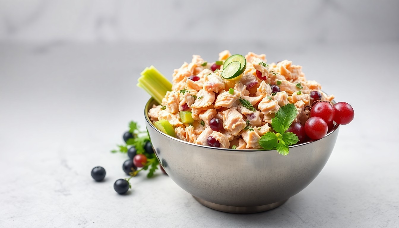 A high-end, photorealistic studio still-life photograph featuring a polished stainless steel bowl filled with various chicken salad ingredients like shredded chicken, celery, grapes, and herbs, arranged elegantly on a clean, monochromatic background, conceptually representing the premium quality and craftsmanship of Chicken Salad Chick's made-from-scratch recipes.