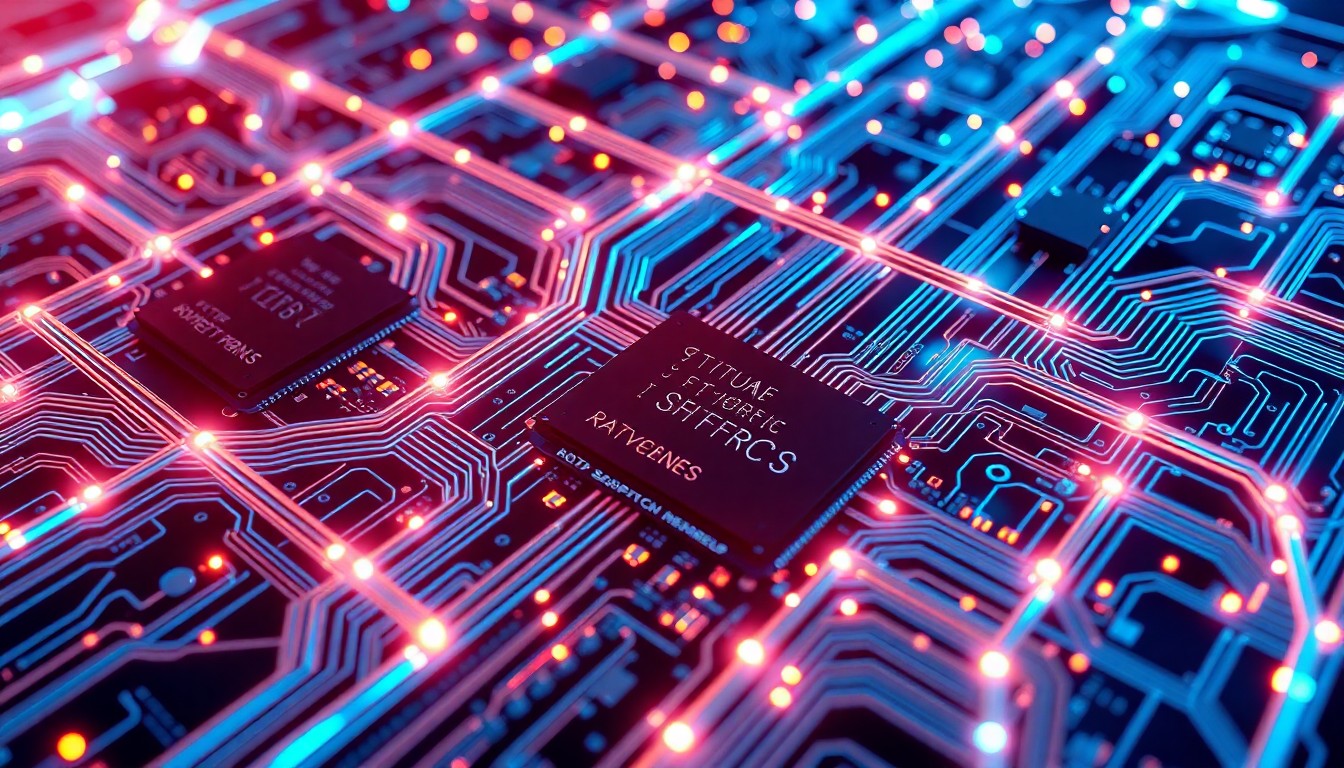 A highly detailed, glowing 3D illustration of a complex network of interconnected fiber optic cables, circuit boards, and AI-powered processors, representing the dynamic infrastructure behind Skreens' Adaptive Channel Infrastructure technology for personalized live video delivery.