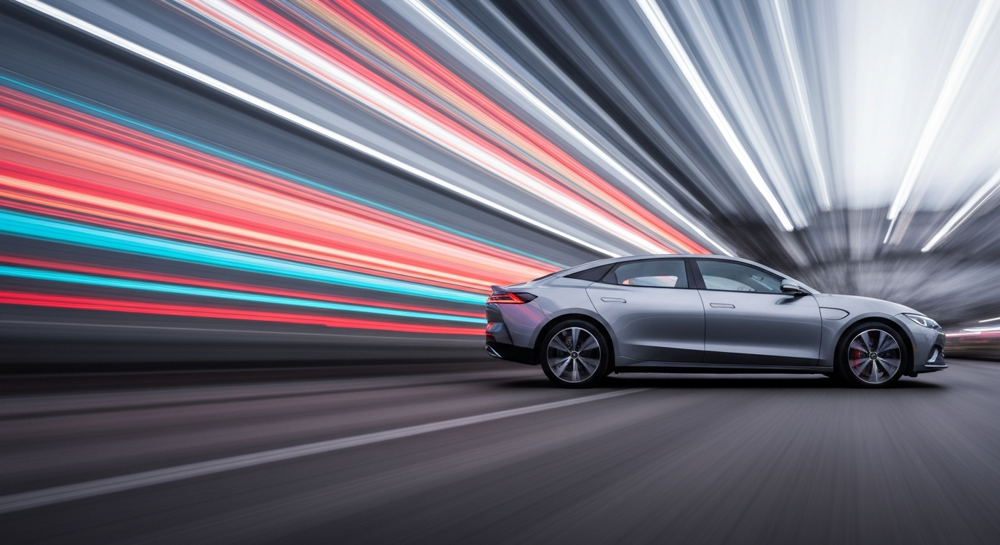 An abstract, blurred image of a BYD electric vehicle in motion, with streaks of vibrant colors representing the dynamic and rapidly changing nature of the Chinese EV market.