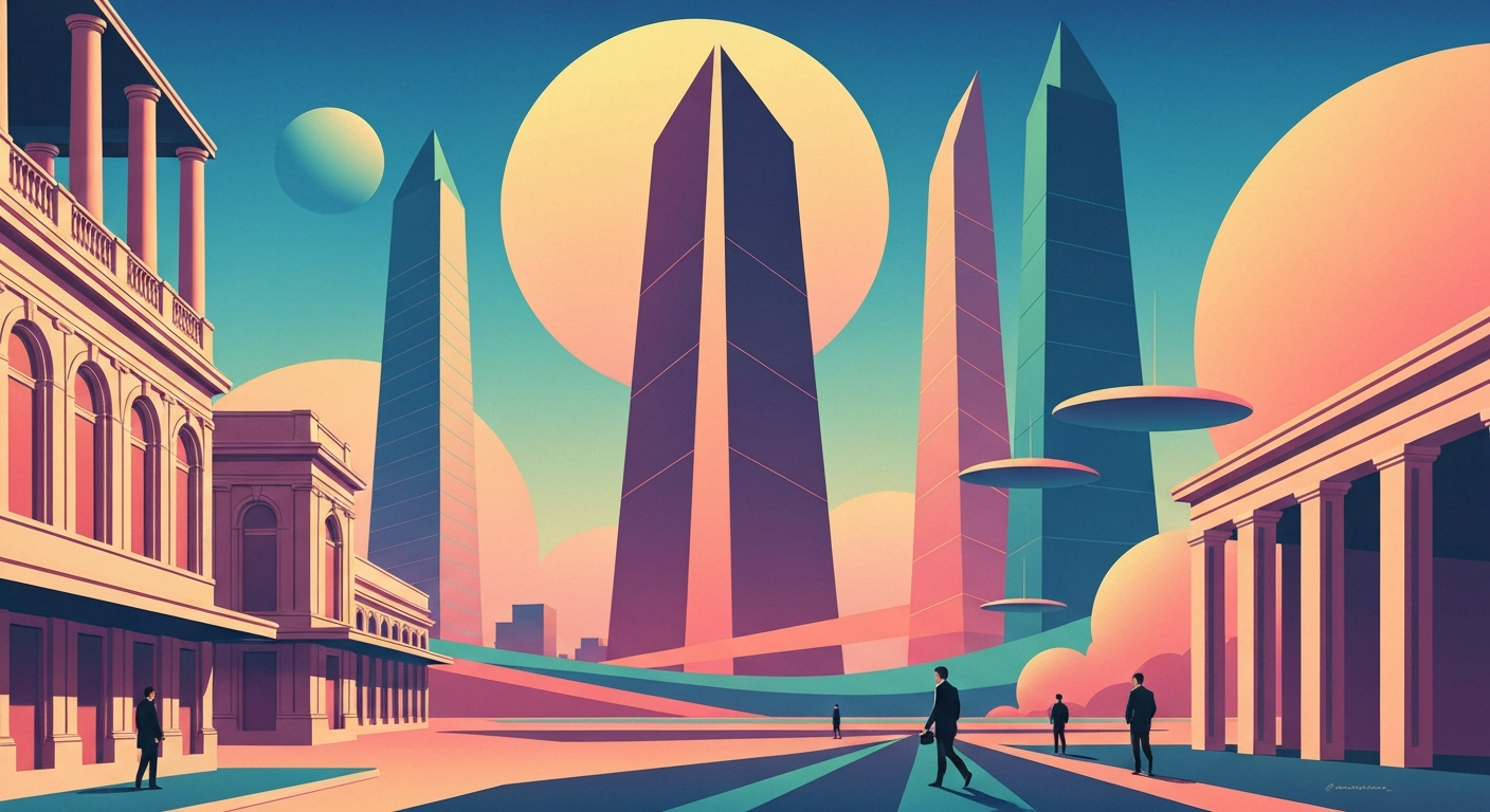 A highly stylized, geometric illustration depicting the grand scale and sweeping vistas of Virginia's travel destinations, rendered in bold, airbrushed gradients and streamlined forms without any text or identifiable elements.