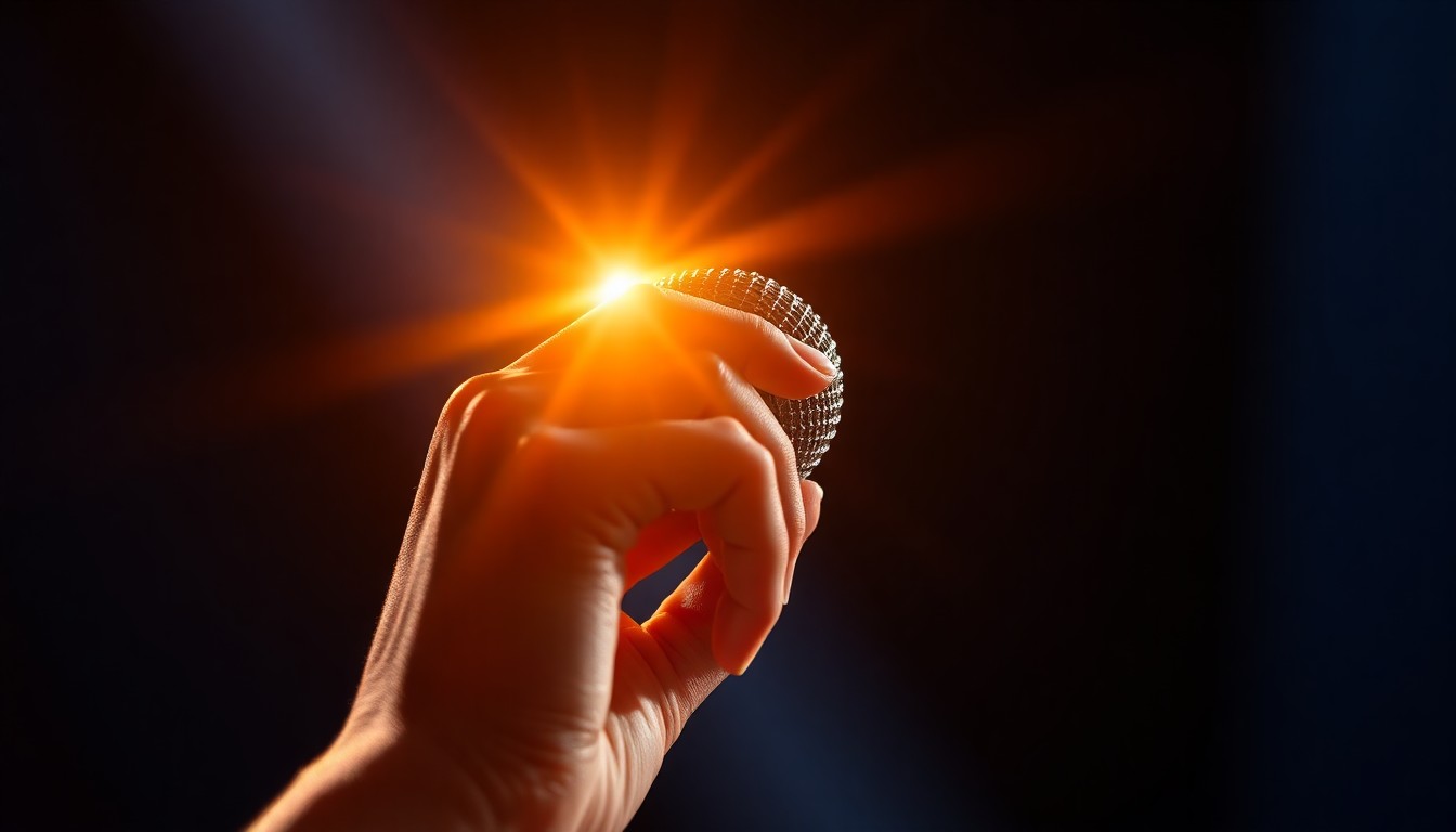 An extreme close-up photograph of a hand holding a shimmering, high-end microphone, capturing the glamour and high-stakes energy of a singing competition victory through dramatic lighting and abstract textures.