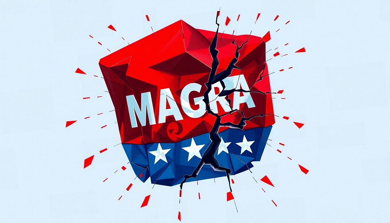 A fractured, abstract painting in red, white, and blue hues depicting a cracked and splintered MAGA hat, conceptually representing the divisions within the MAGA movement.