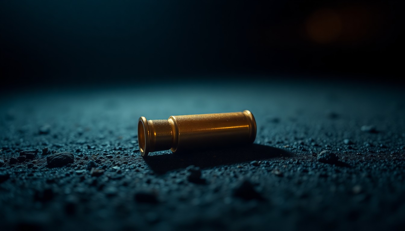 An extreme close-up photograph of a single spent bullet casing on a dark, gritty surface, lit by a harsh, direct camera flash, conceptually representing physical evidence from a violent crime scene.