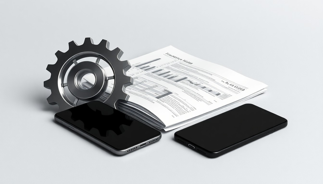 A high-end, photorealistic studio still-life photograph featuring a polished metal gear, a stack of financial documents, and a sleek black smartphone arranged elegantly on a clean, monochromatic background, conceptually representing the abstract corporate strategy and finance behind Babcock & Wilcox's business dealings.