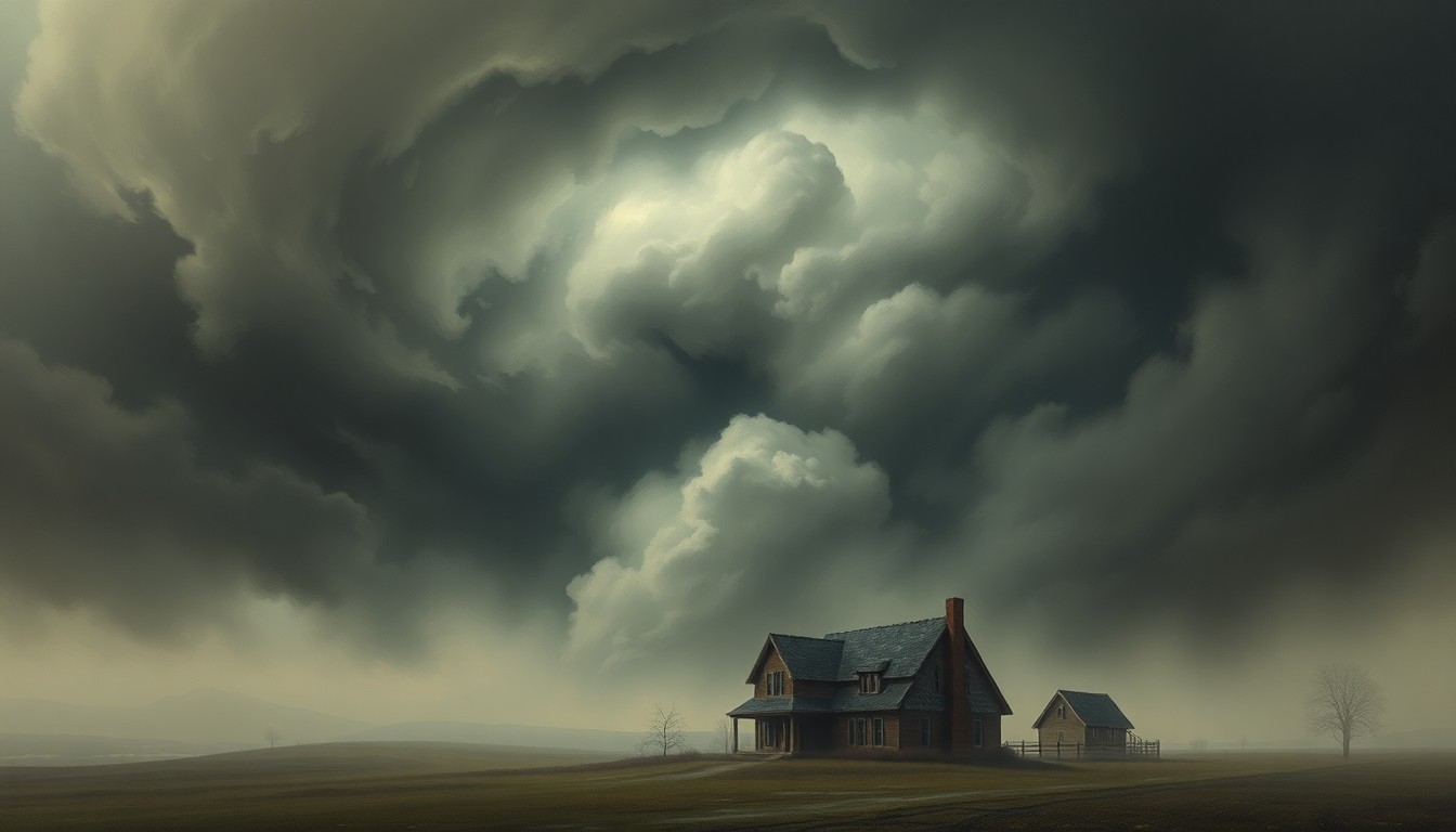 A sweeping, atmospheric landscape painting depicting a small suburban home dwarfed by a massive, swirling vortex of dark clouds and heavy fog, conveying the overwhelming power of nature and the vulnerability of the home to unexpected weather events.