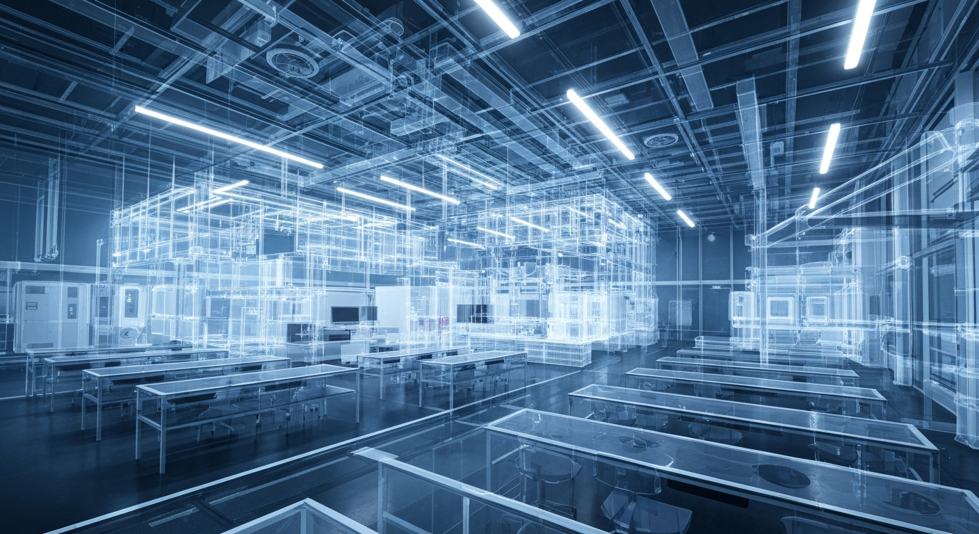 A translucent, X-ray-style illustration showing the internal structure and high-tech equipment of a modern medical training facility, with glowing lines and shapes depicting classrooms, labs, and simulation equipment.