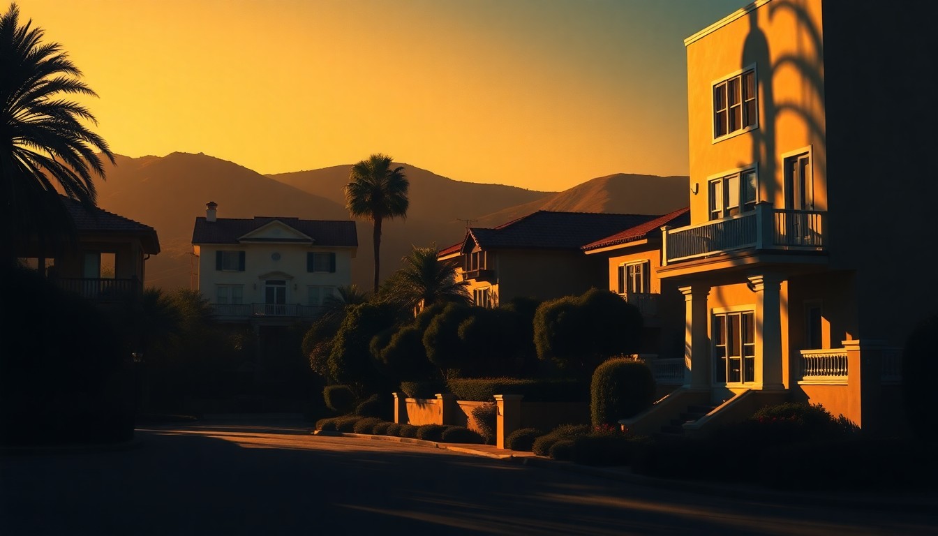 A serene, nostalgic painting of a row of stately homes in Santa Barbara, with warm sunlight casting long shadows across the scene, capturing the tension and division over the city's rent control debate.