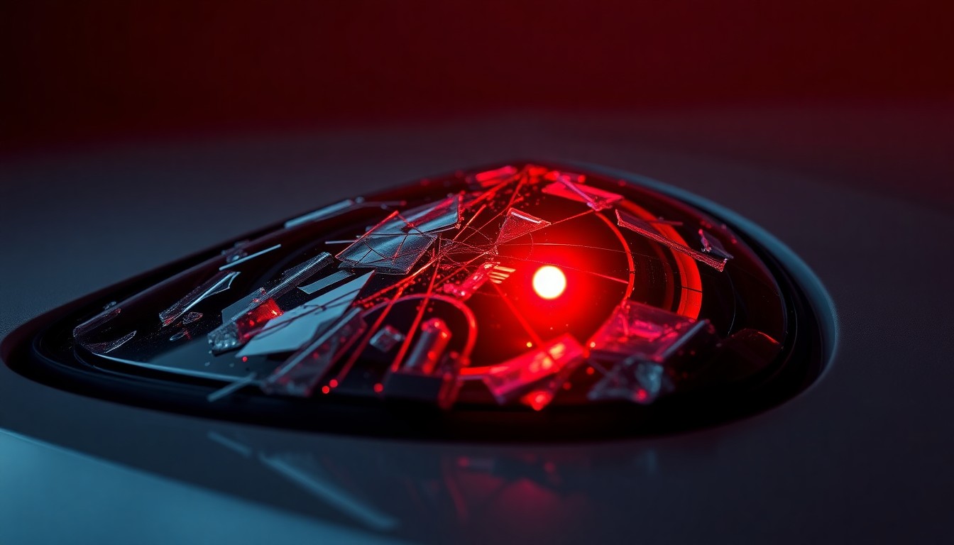 An extreme close-up of a shattered car sensor lens reflecting a faint red light, conceptually illustrating the vandalism of self-driving cars.