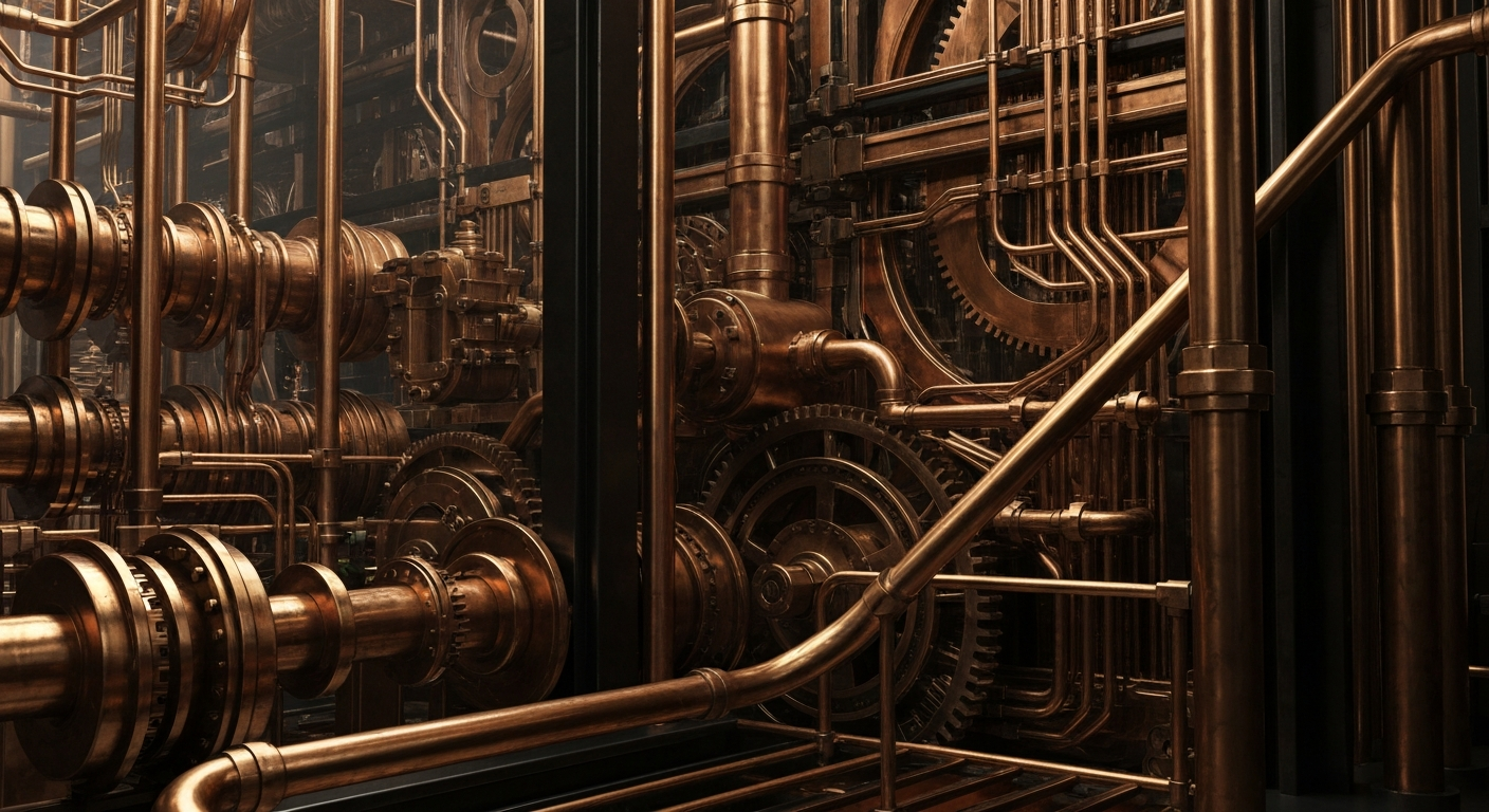 A dramatic, high-contrast macro photograph of the gears, levers, and circuits that make up the physical infrastructure of the banking and finance sectors, conveying a sense of the industry's power and complexity.