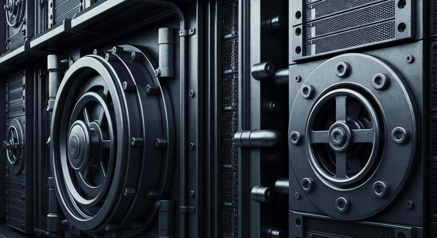An extreme close-up of various heavy, industrial banking machines and equipment, conveying the intricate mechanics and secure nature of modern finance.