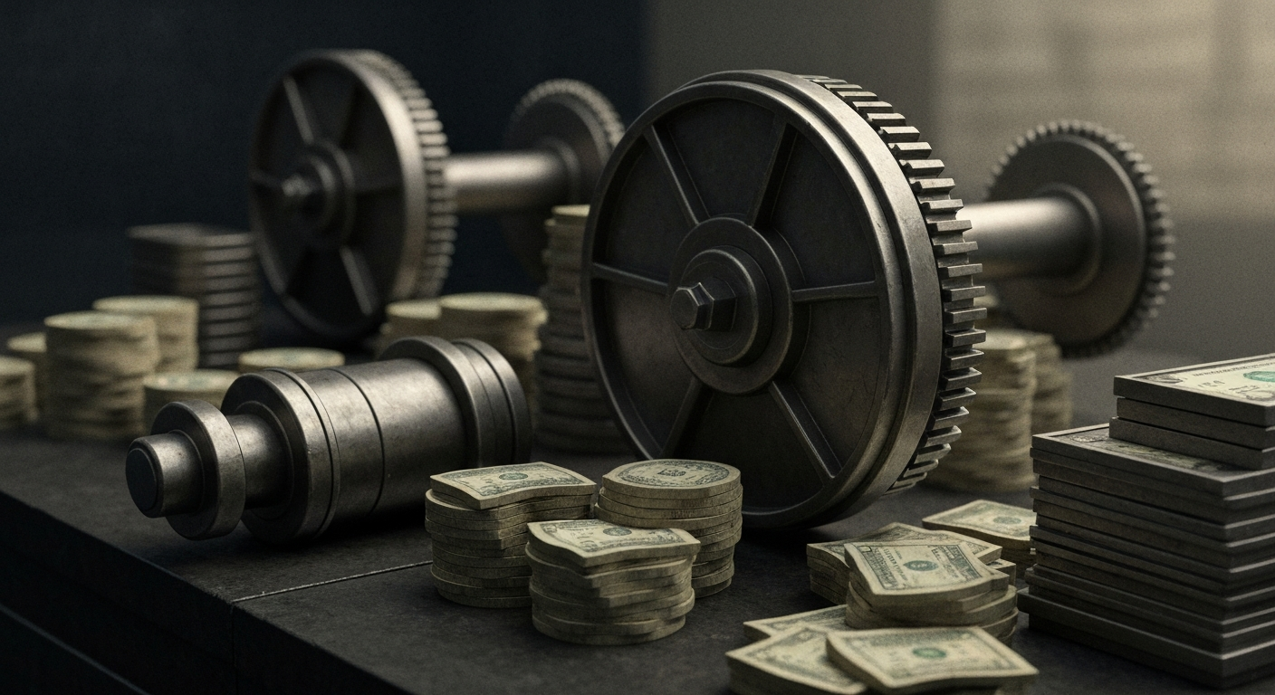An extreme close-up of gears, levers, and other industrial machinery, conveying the heavy, tangible nature of the financial systems underlying the healthcare sector.