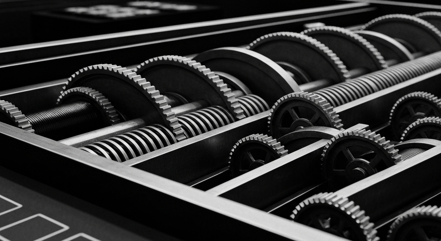 A high-contrast black and white close-up image of the intricate gears, levers, and mechanical components that power the inner workings of a casino, representing the financial backbone of the gaming industry.