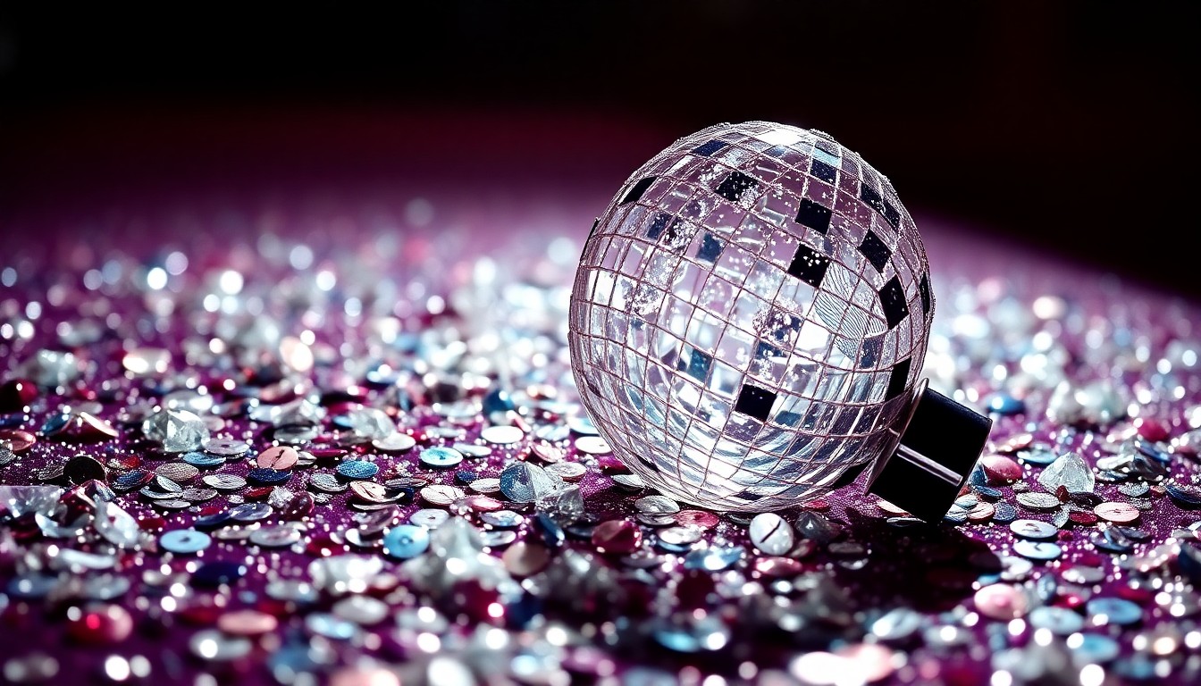 An extreme close-up of shimmering sequins and shattered glass, reflecting the glamour and nostalgia of the 'Camp Rock' movies.