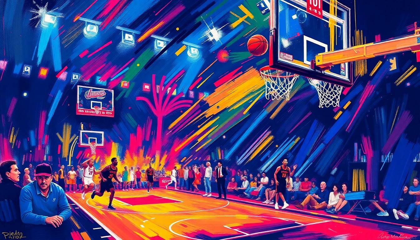An abstract, expressionist painting in vibrant neon colors, with rapid brushstrokes evoking the energy and intensity of an NBA basketball game, but with no recognizable figures or logos, only a sense of raw athletic passion.