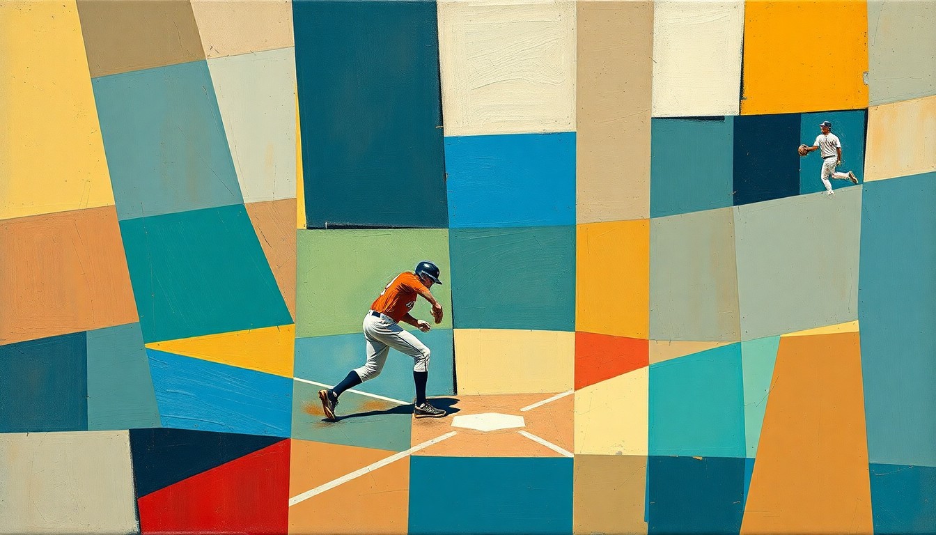 A fragmented, geometric painting depicting a baseball fielding play, with sharp planes of muted earth tones and blues suggesting the energy and movement of the sport without any identifiable players or teams.