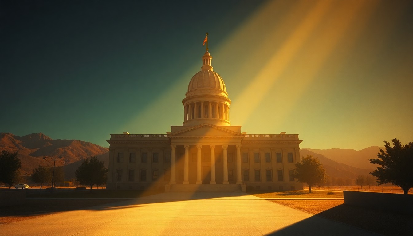 A serene, photorealistic painting of a Nevada state capitol building in warm, golden light, conveying a sense of political tension and economic uncertainty.