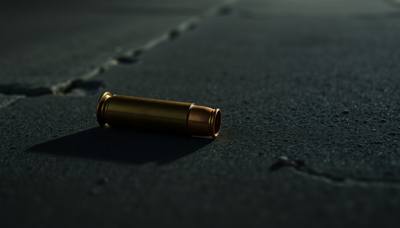 An extreme close-up of a single spent shell casing on a dark concrete surface, capturing the stark, gritty aftermath of a violent crime.