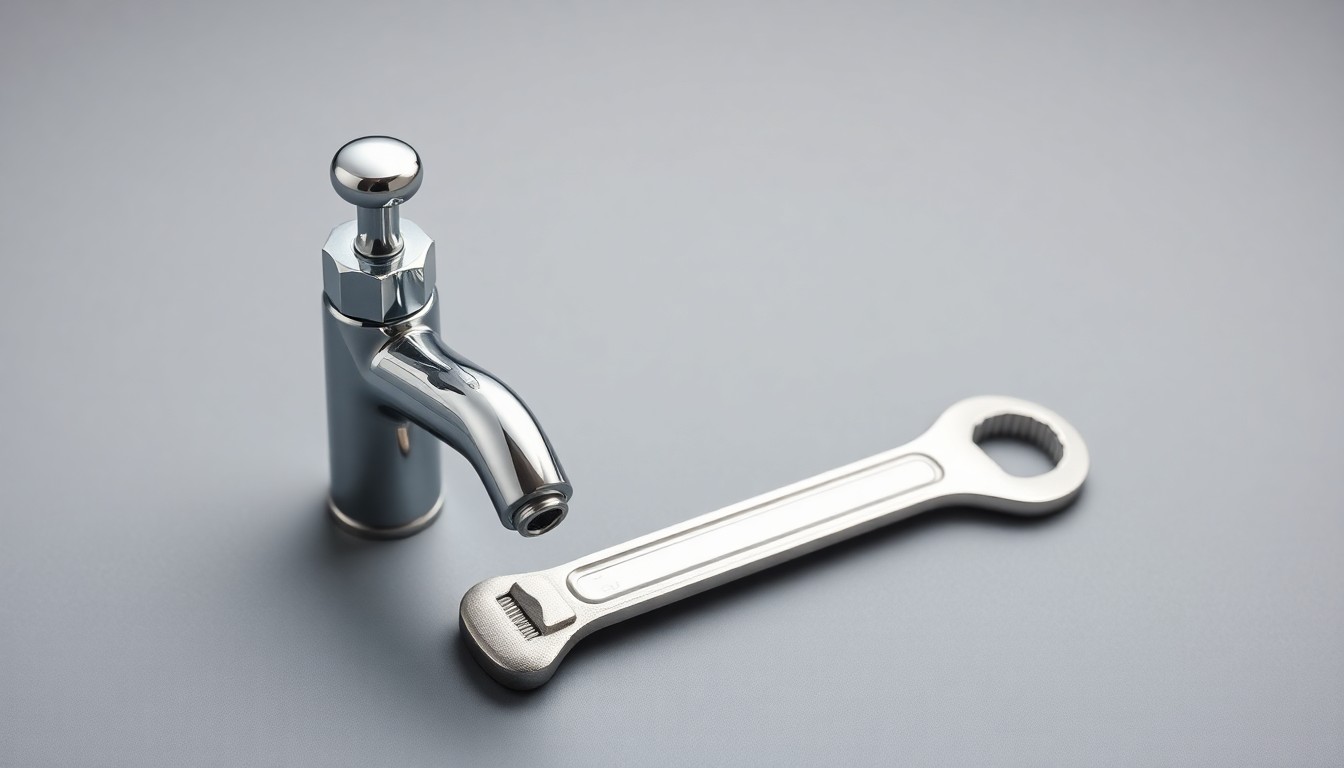 A high-end, photorealistic studio still-life photograph featuring a polished chrome water faucet handle and a wrench, arranged elegantly on a clean, matte grey background with dramatic lighting and sharp shadows, conceptually representing the tools and equipment used by water infrastructure workers.