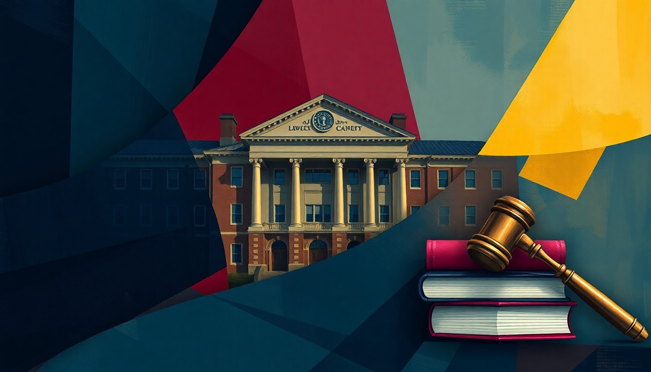 A dynamic, fragmented painting depicting university buildings, textbooks, and a gavel in rich, bold colors, conceptually representing the ideological tensions surrounding conservative values in public colleges.