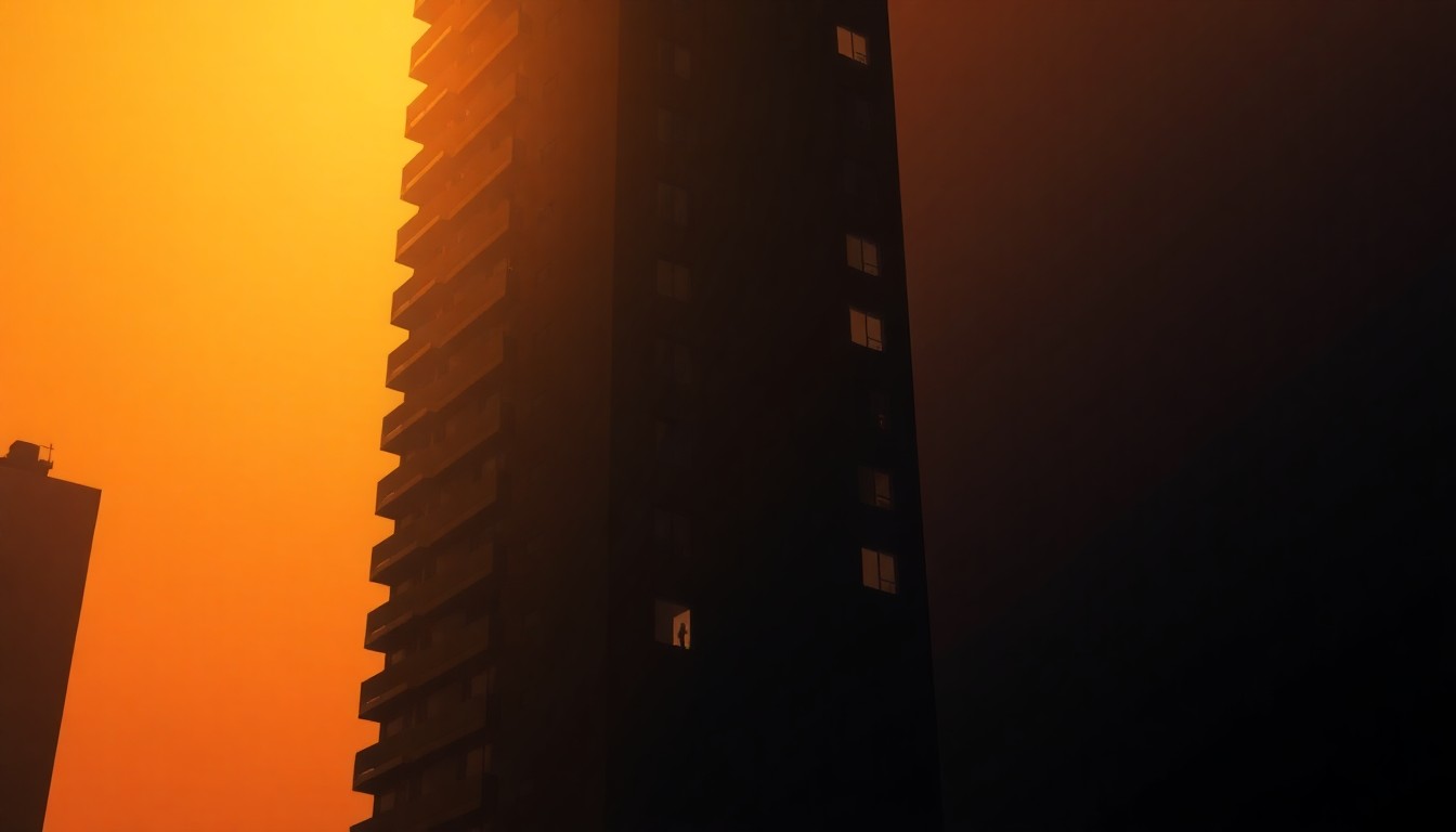 A serene, realistic painting of a luxury high-rise apartment building in New York City, with a single figure visible in one of the windows, conveying a sense of solitude and the disconnect between the wealthy and the housing crisis.