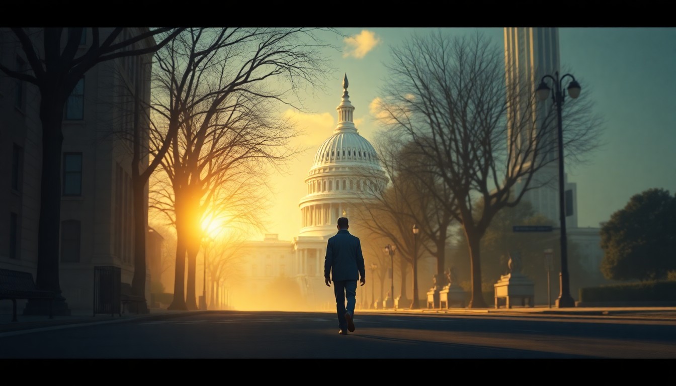 A serene, cinematic painting of a person walking down a sunlit city street, with the US Capitol building visible in the distance, capturing a mood of civic contemplation.