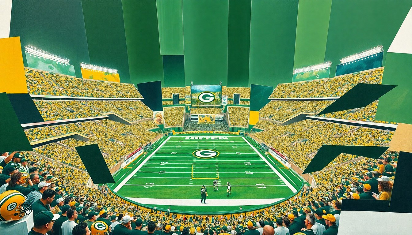 A fractured, multi-perspective painting in the style of Pablo Picasso, breaking a football game at Lambeau Field down into sharp, overlapping geometric planes of green, gold, and white, with the players, fans, and stadium elements deconstructed into abstract shapes.
