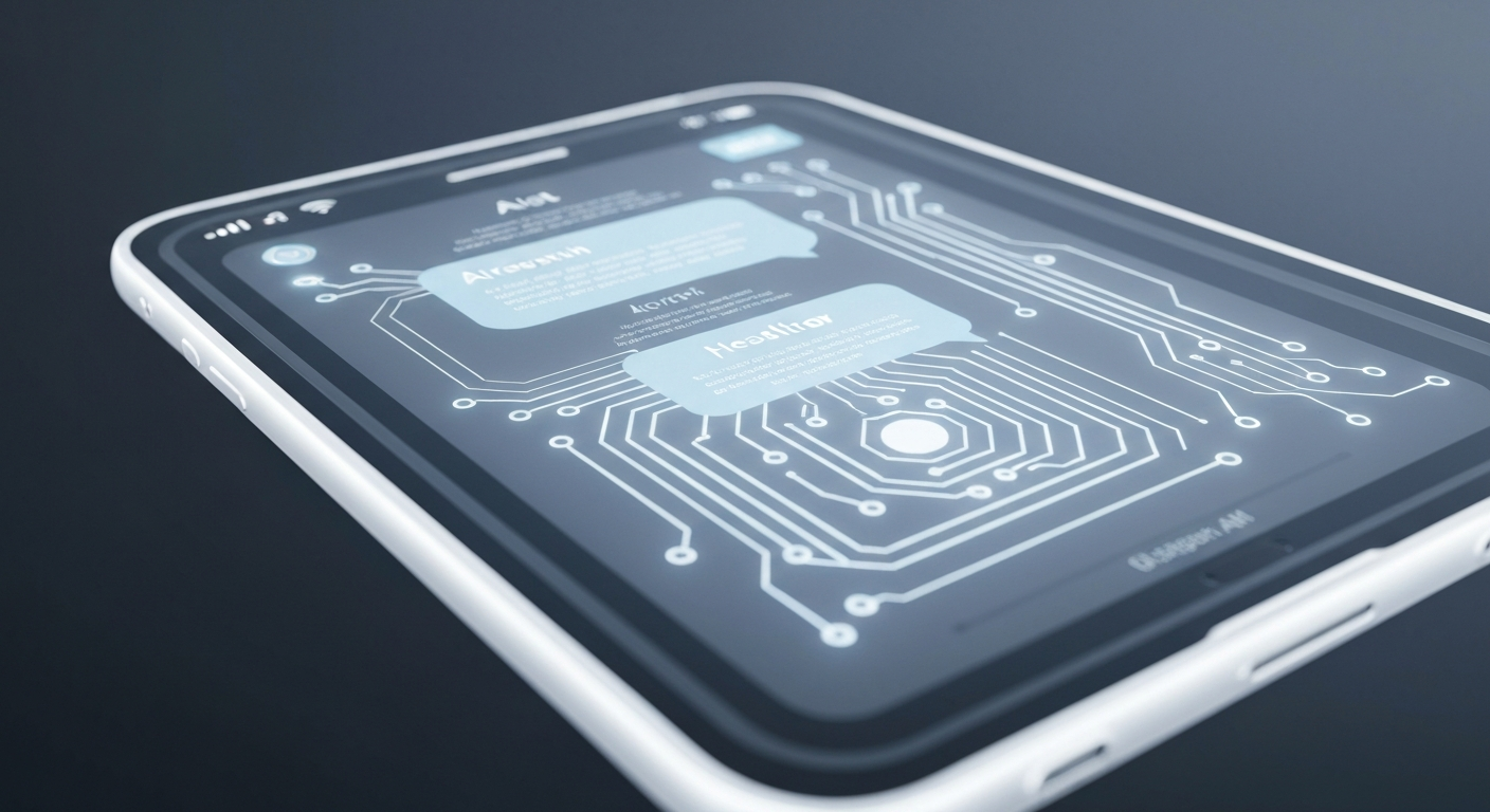 A ghostly, translucent X-ray image revealing the internal components of a smartphone displaying a health-related AI chatbot interface, conveying the clinical, analytical nature of using AI for personal health information while hinting at concerns about privacy and the limitations of AI-generated advice.