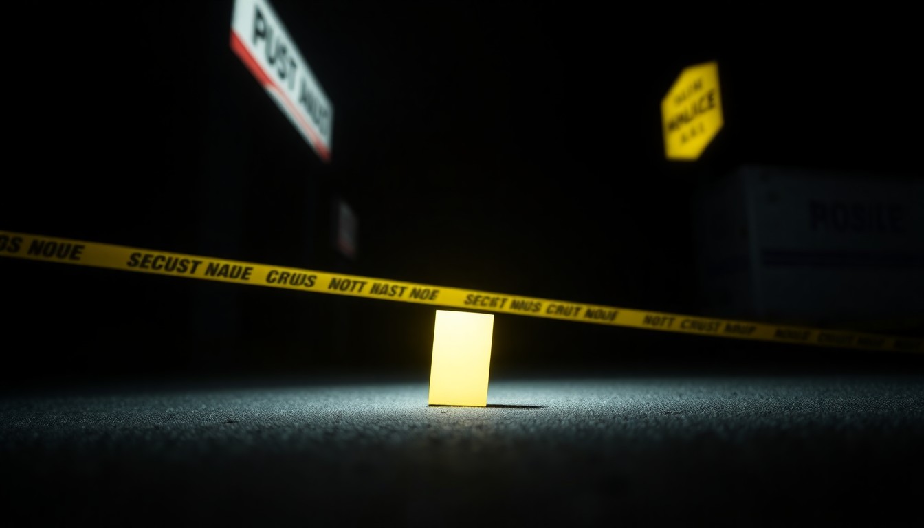 An extreme close-up photograph of a security tape or evidence marker placed on the ground, creating a stark, gritty, investigative aesthetic through the use of harsh, direct lighting.