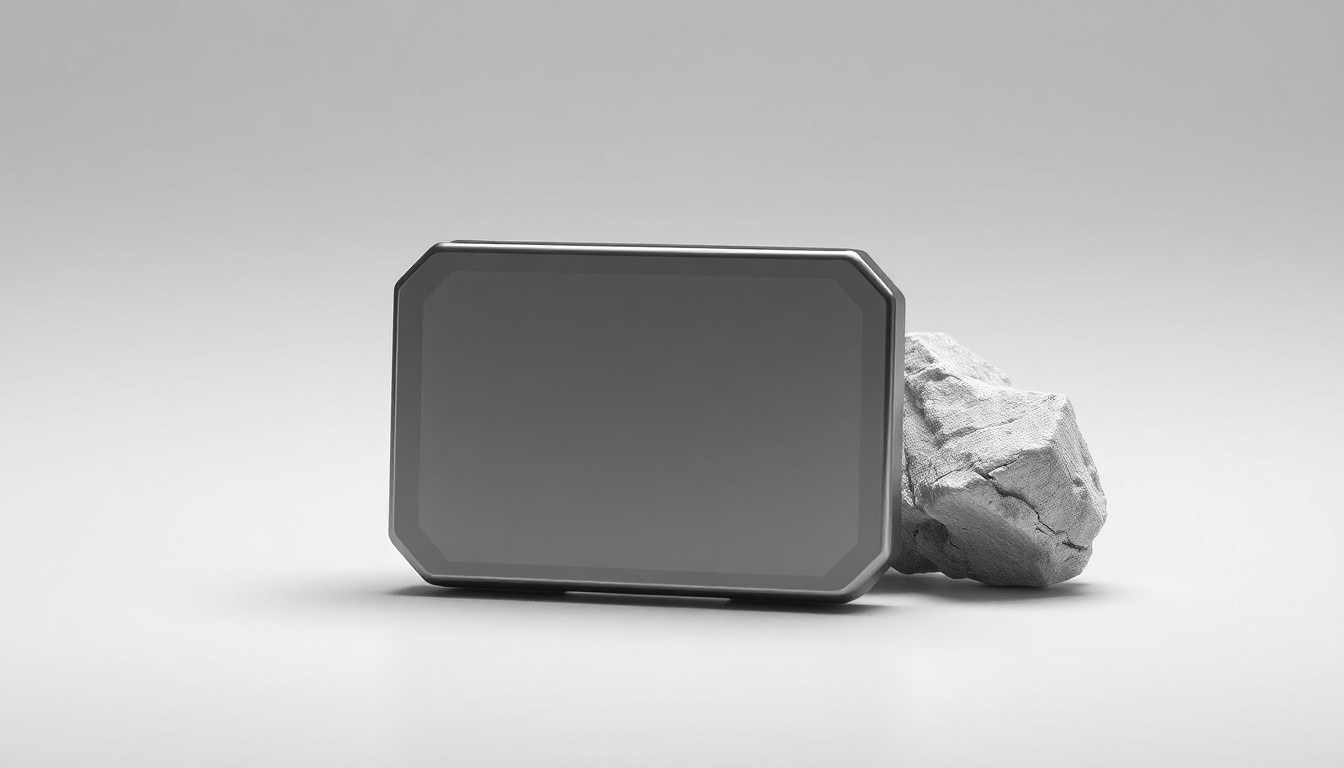 A highly detailed, photorealistic studio photograph of a polished, geometric lithium battery cell or raw lithium mineral sample, floating on a clean, monochromatic background and dramatically lit to emphasize the material's abstract corporate and financial significance in the electric vehicle industry.