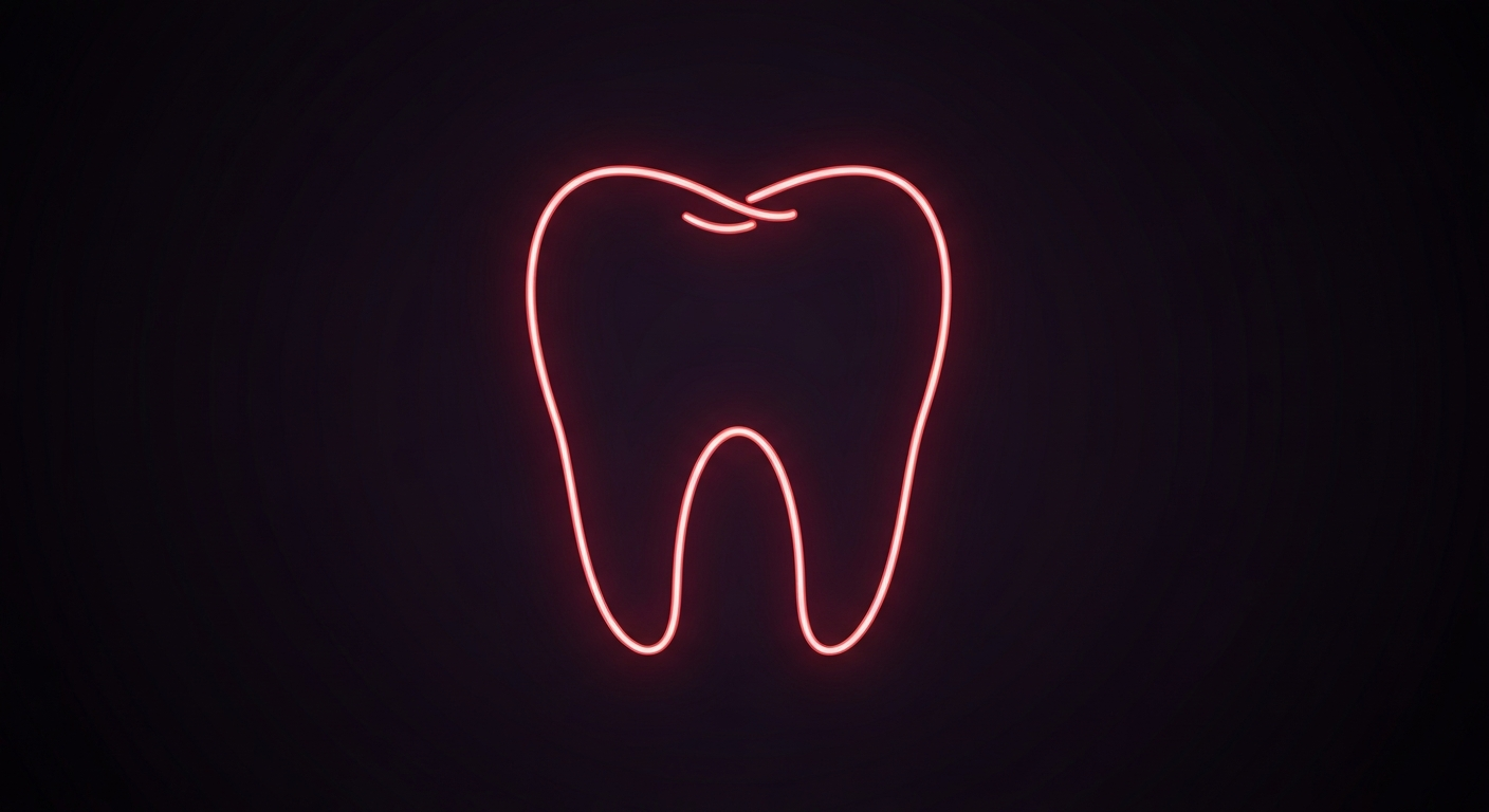 A minimalist design in the style of Keith Haring, where the outline of a human tooth is defined entirely by vibrant neon lines against a dark background, conceptually representing the clinical expertise and advanced technology of a modern dental practice.