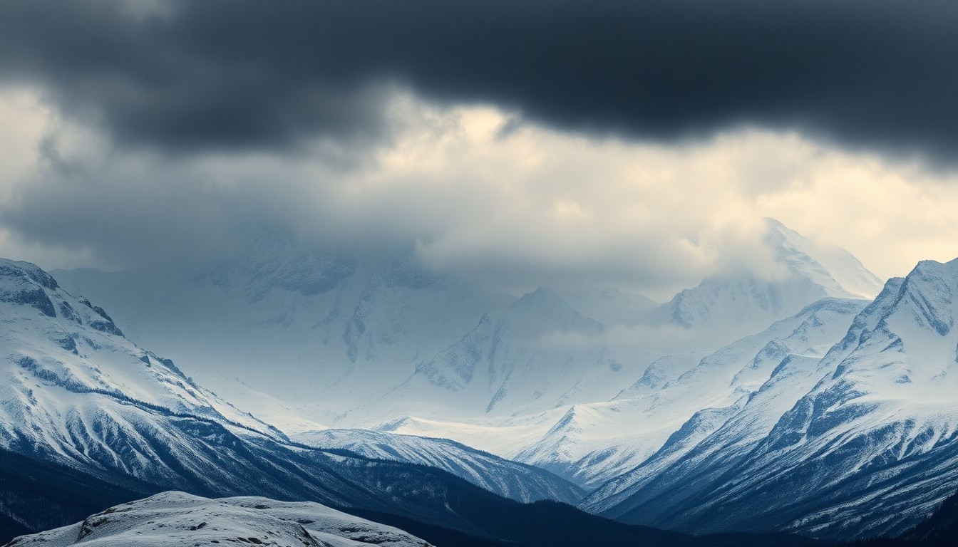 A vast, majestic landscape painting in the style of Caspar David Friedrich, depicting a snow-covered mountain range under a heavy, overcast sky. The dramatic, atmospheric scene dwarfs any physical objects, conveying the overwhelming scale and melancholy of Idaho's record-low snowpack.