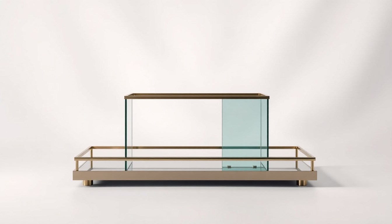 A high-end, photorealistic studio still-life photograph featuring a polished, geometric desk organizer made of brushed metal and glass, representing the professional, premium services that AMG provides to HOA and condo communities. The organizer is arranged elegantly on a clean, white seamless background, using dramatic studio lighting and deep shadows to symbolize AMG's focus on financial accountability, transparent reporting, and long-term planning.