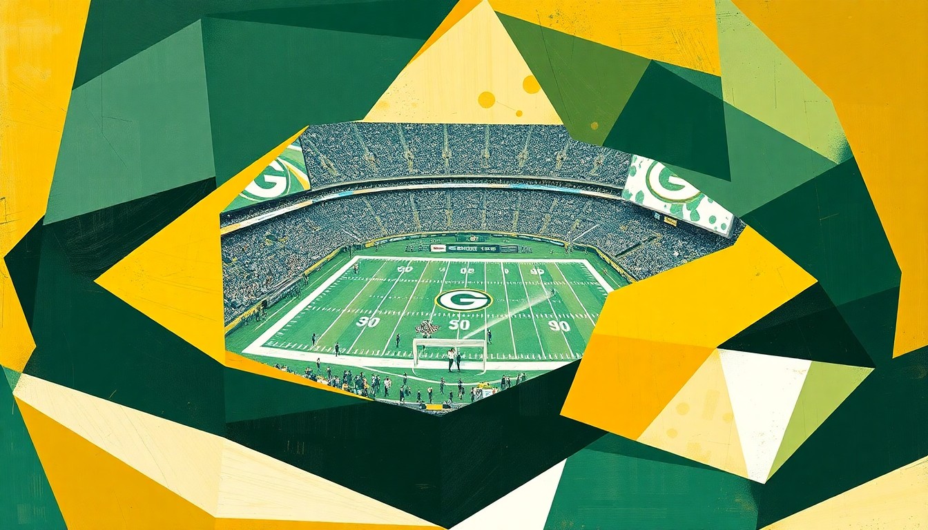 A cubist, geometric painting depicting a Packers football game, with sharp planes of green, gold, and white overlapping to create a fragmented, multi-perspective view of the action on the field.