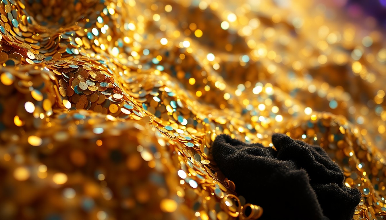 An extreme close-up photograph showcasing the rich, textured fabrics and materials associated with high-end fashion, capturing the glamorous atmosphere of the FIT gala event.