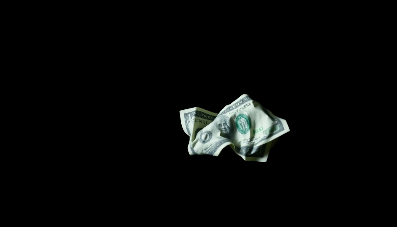 An extreme close-up of a crumpled dollar bill reflecting a bright, harsh flash of light, conceptually representing the financial devastation of a romance scam.
