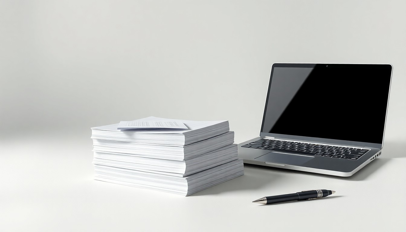 A photorealistic studio still life featuring a stack of hotel ledger books, a laptop, and a pen arranged on a clean, monochromatic background, symbolizing the centralization of data and digital transformation in the hotel industry.
