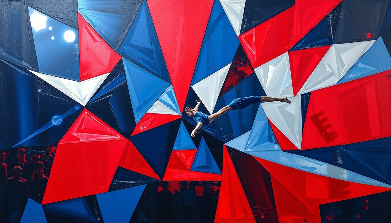 A fragmented, geometric painting depicting a gymnastics competition or award ceremony, with sharp planes of navy, crimson, and silver overlapping to create a conceptual, abstract representation of the political dynamics at play.