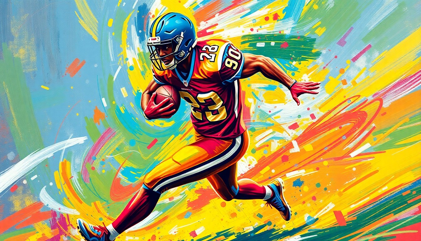 A dynamic, colorful painting depicting the explosive running motion of an NFL running back, with blurred limbs and a sense of raw athletic power and speed.