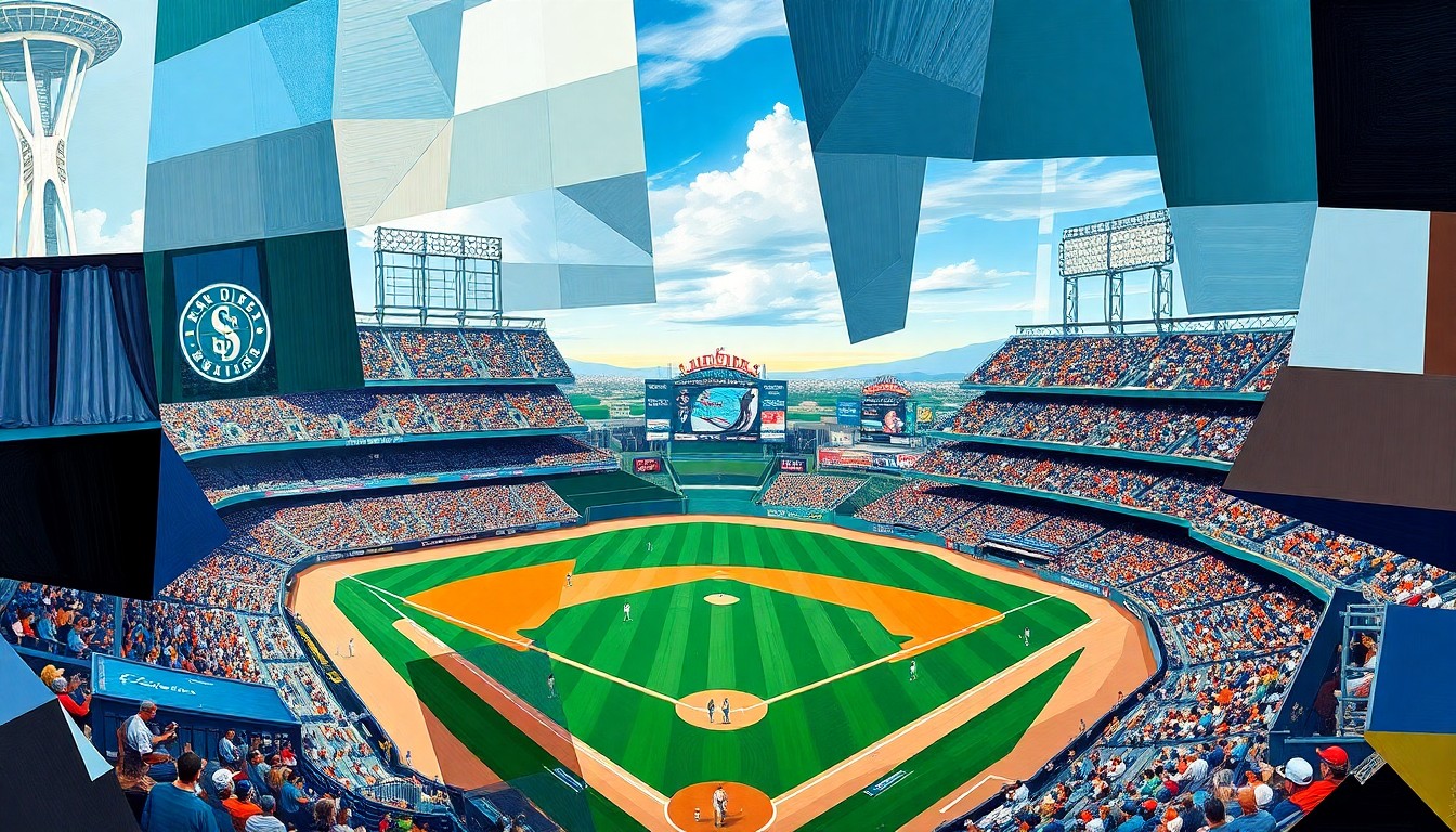 A cubist-style painting depicting a baseball game between the San Diego Padres and Seattle Mariners, with the players and field broken down into sharp, overlapping geometric shapes and planes in a vibrant color palette.