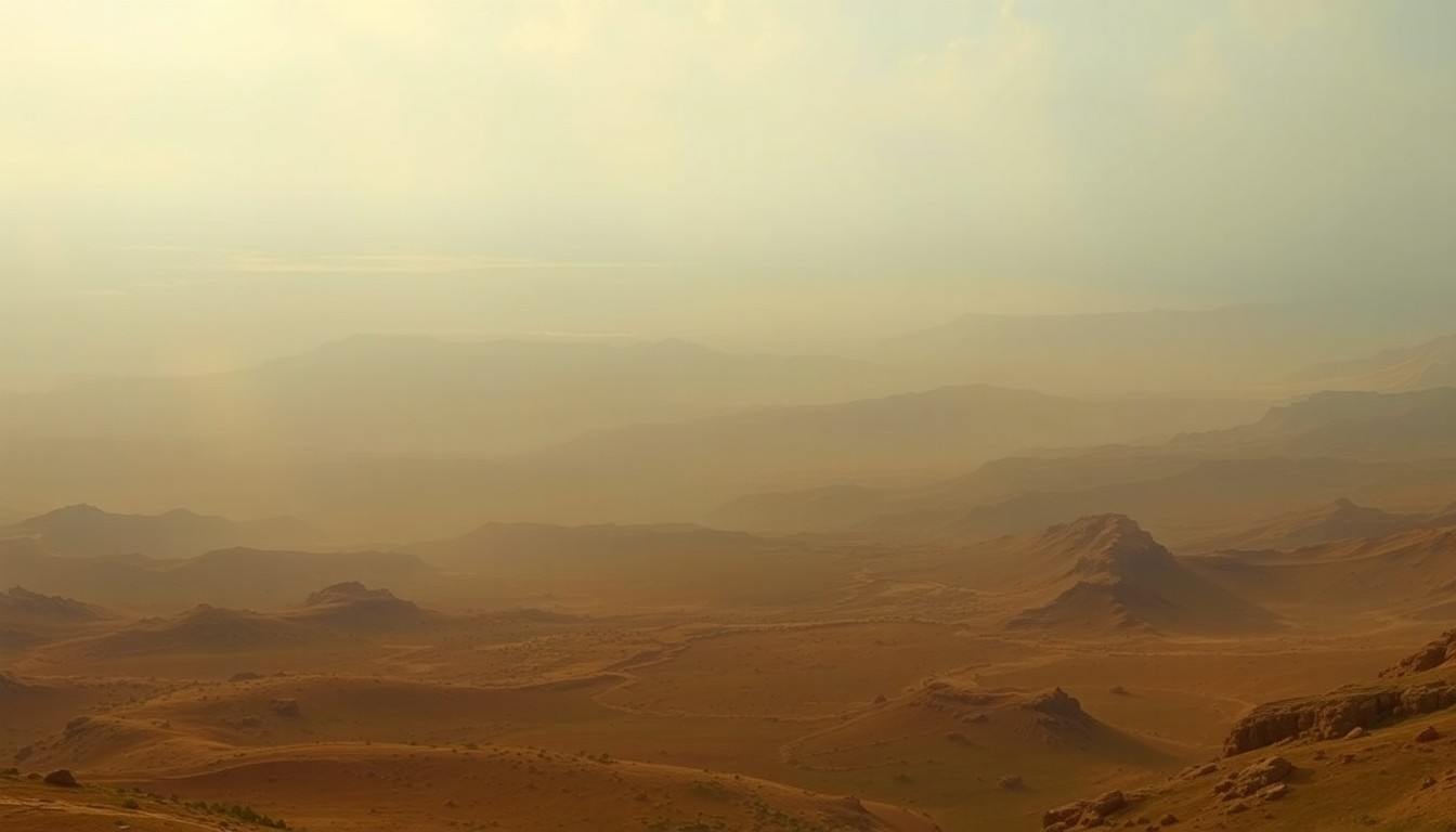 A vast, hazy landscape painting with a shimmering horizon and dramatic lighting, conveying the overwhelming scale and power of extreme heat in southern New Hampshire.