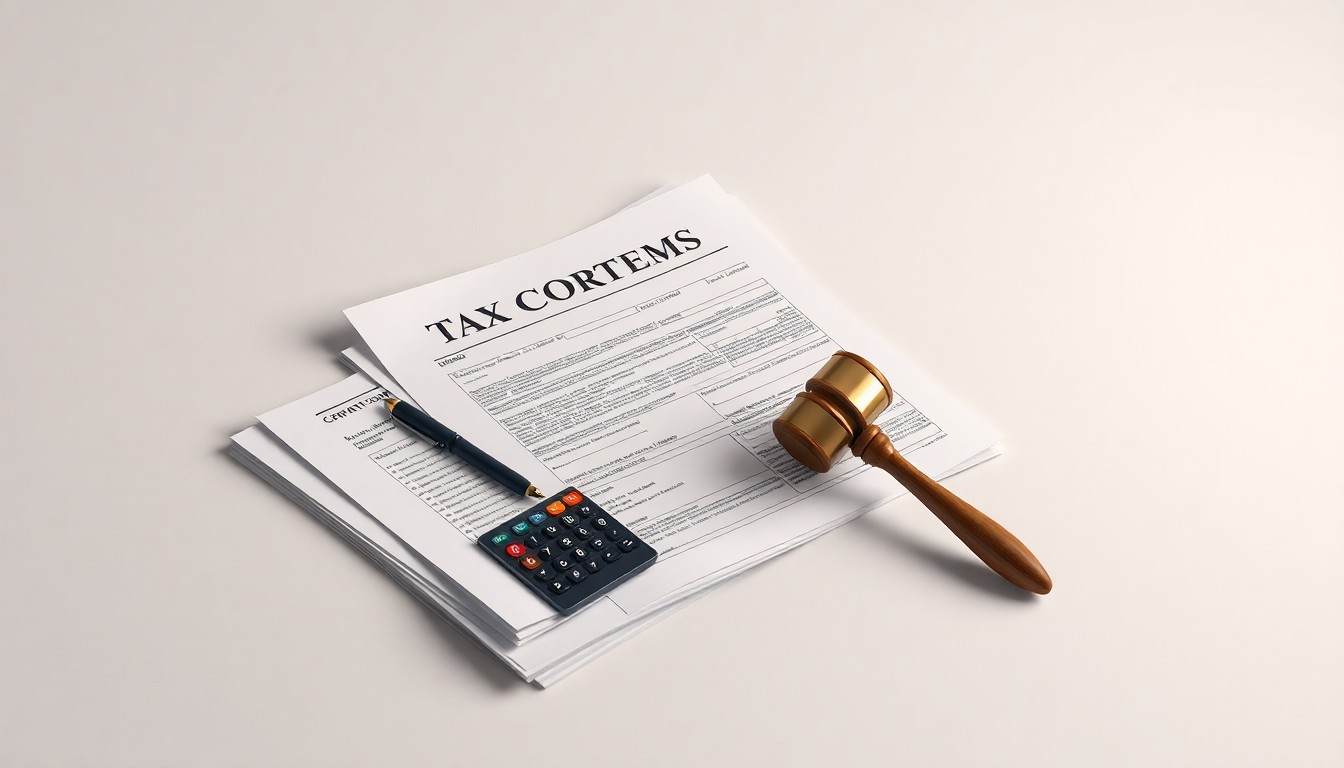 A photorealistic studio still life featuring a stack of tax forms, a calculator, and a gavel arranged on a clean, monochromatic background, conceptually representing the abstract challenges of tax compliance and dispute resolution.