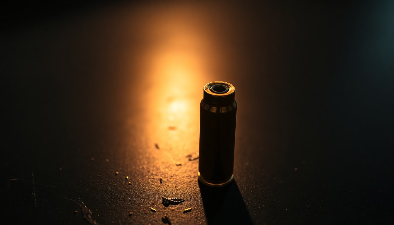 An extreme close-up photograph of a single spent bullet casing on a dark, textured surface, the metallic surface reflecting the harsh light of the camera flash in stark contrast.