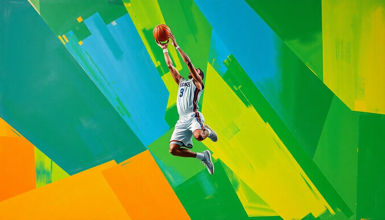 A cubist, geometric painting depicting the fragmented movements of a basketball player driving to the hoop, with sharp planes of color and form capturing the dynamic energy of the sport.
