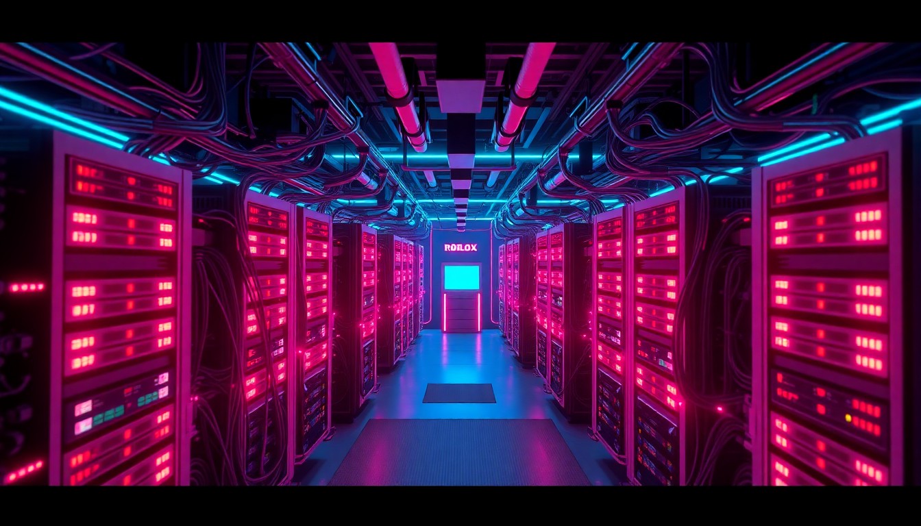 A highly detailed, glowing 3D illustration of a complex Roblox game server infrastructure, with neon cyan and magenta lights illuminating the intricate network of cables, circuit boards, and data storage units, conceptually representing the digital protections implemented through the settlement.