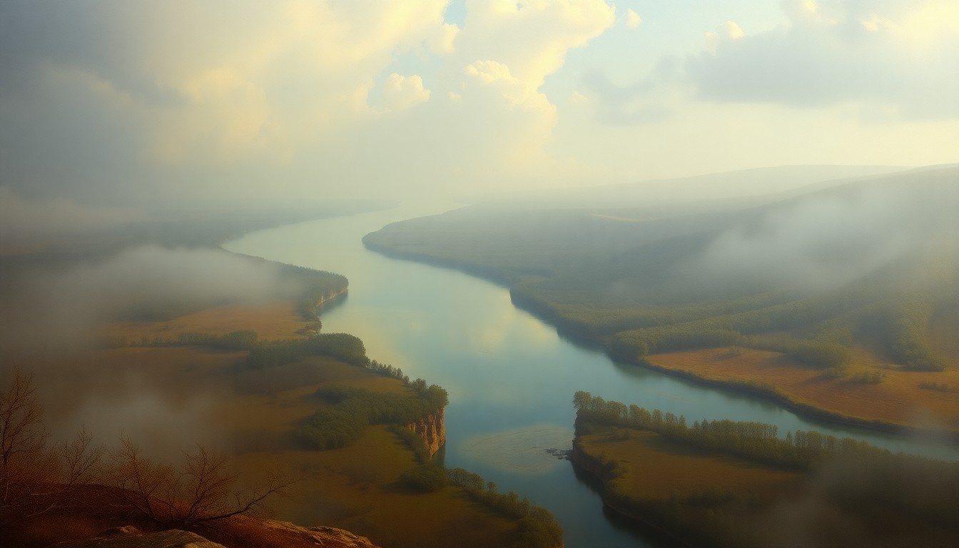 A sweeping, atmospheric landscape painting depicting the Sheboygan River winding through a misty, dramatic scene, conveying the power and scale of the natural environment.