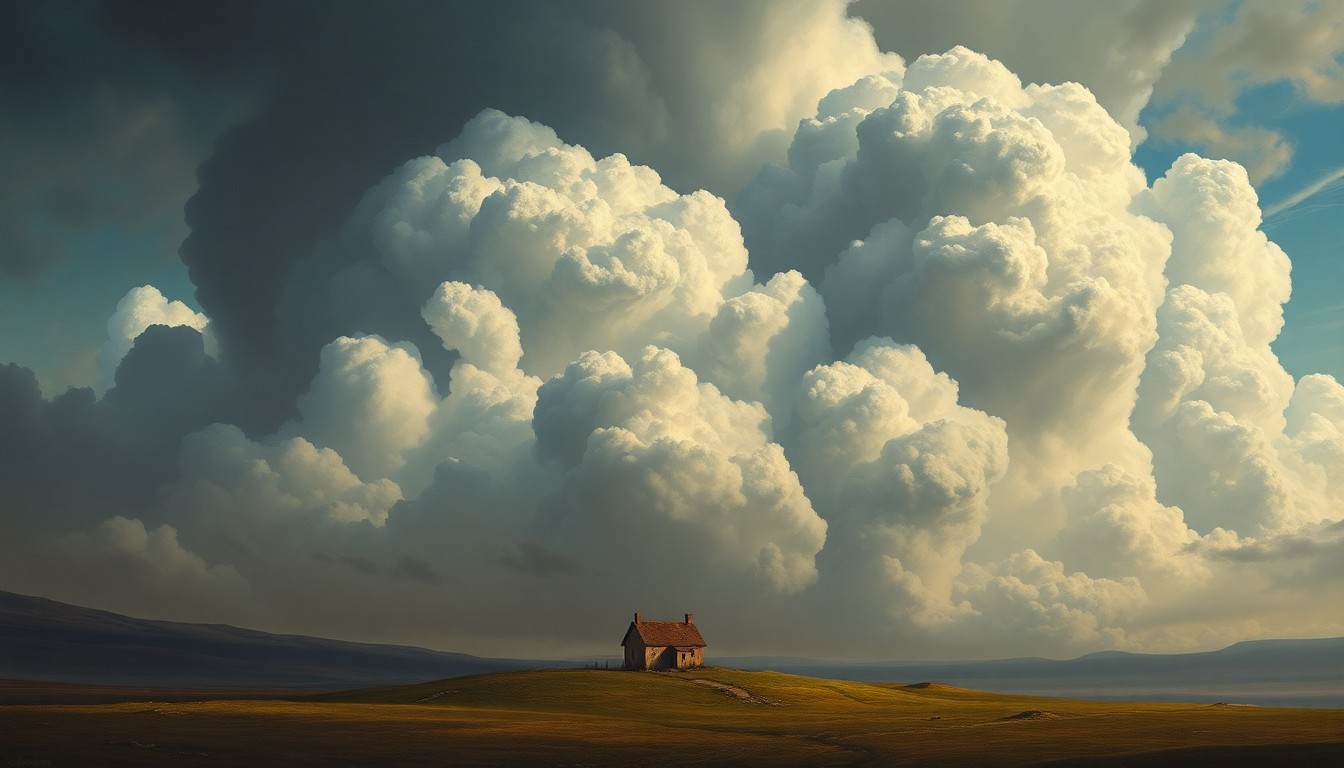 A sweeping, atmospheric landscape painting depicting a small house dwarfed by a massive, ominous cloud formation, conveying a sense of the overwhelming power and unpredictability of nature.