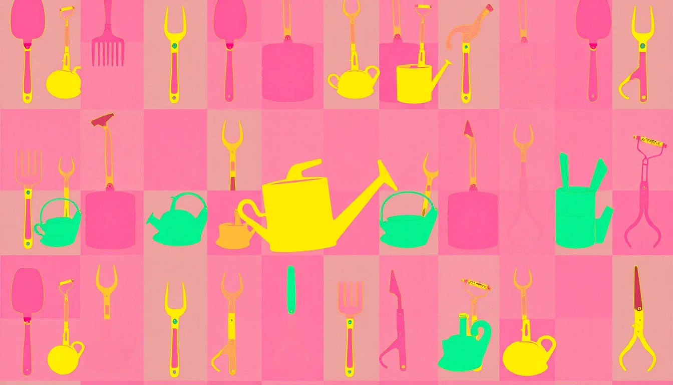 A vibrant, high-contrast silkscreen print featuring a repeated pattern of a gardening tool, such as a trowel or pruning shears, in a bold, neon color palette, conceptually representing the easy steps homeowners can take to refresh their outdoor spaces.