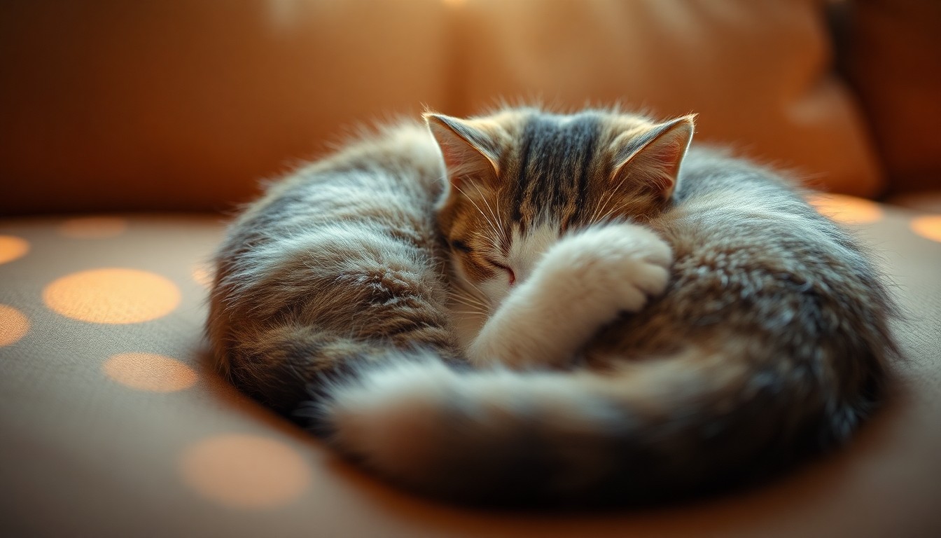 An extremely abstracted, out-of-focus photograph of a cat curled up sleeping on a couch, with soft, warm pools of light and color surrounding it, conveying a sense of comfort and tranquility.