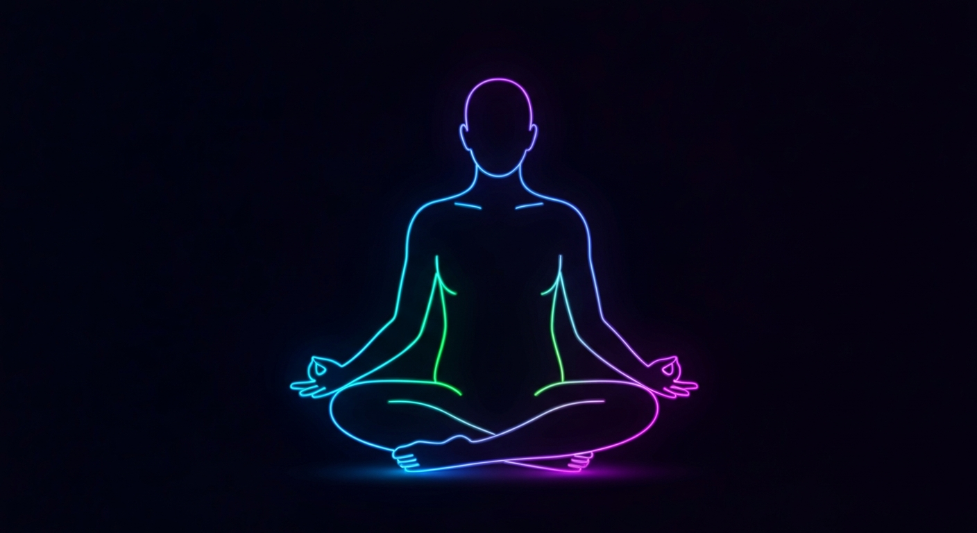 A minimalist, glowing neon outline of a person sitting in a meditative pose, representing the holistic mental health services offered by Aspire Therapy Center.